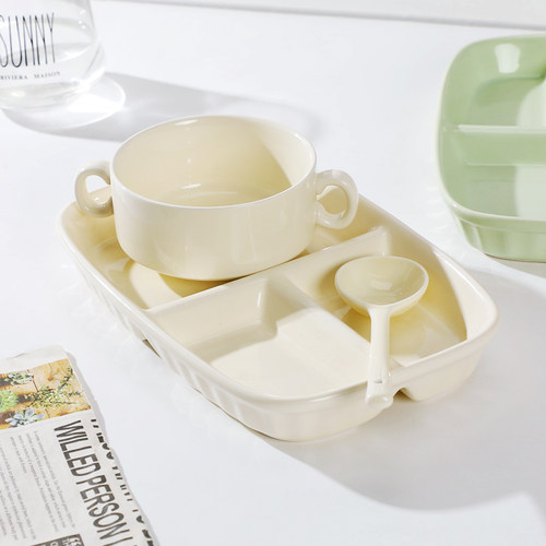 餐盘陶瓷分格盘双耳汤盅奶油风