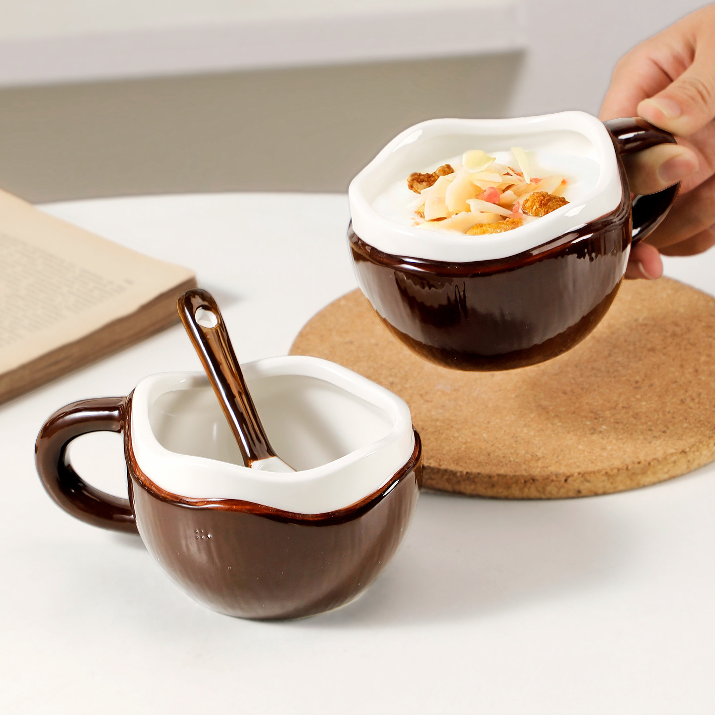 椰子杯家用陶瓷马克杯杯身送勺子小众设计感咖啡杯燕麦杯牛奶杯