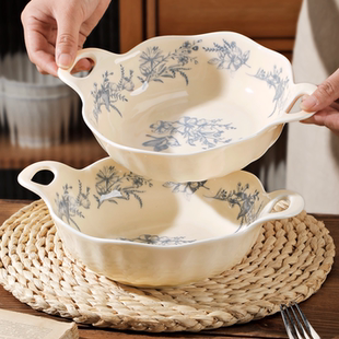 碗家用双耳碗法式花园风沙拉碗2025新款汤碗创意汤碗双耳防烫大腕