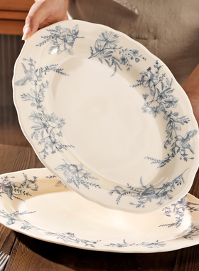 12英寸椭圆鱼盘法式中古蓝花卉陶瓷蛋糕盘复古西餐盘蒸鱼盘烤鱼盘