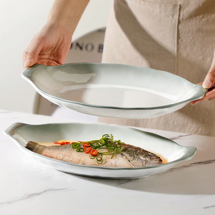 13英寸双耳鱼盘创意中式釉下彩椭圆形加厚大号蒸鱼盘陶瓷烤鱼盘子