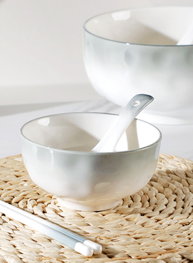 2025新款烟雨谣陶瓷筷子小汤勺创意渐变灰色家用饭碗调羹勺大汤匙