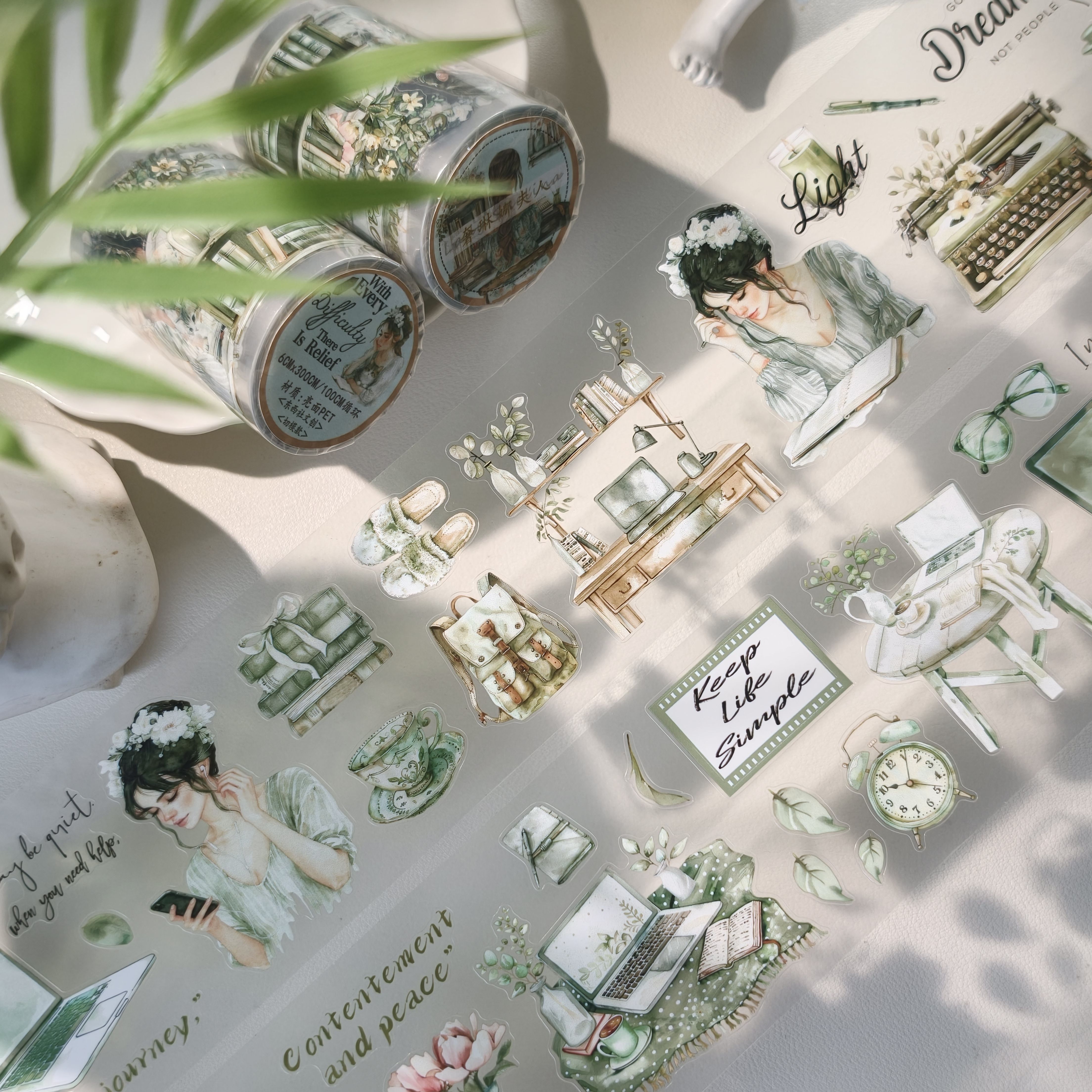 东西社文创【奢琳娜夫人】PET切模手帐贴纸 轻复古绿学习书桌小物