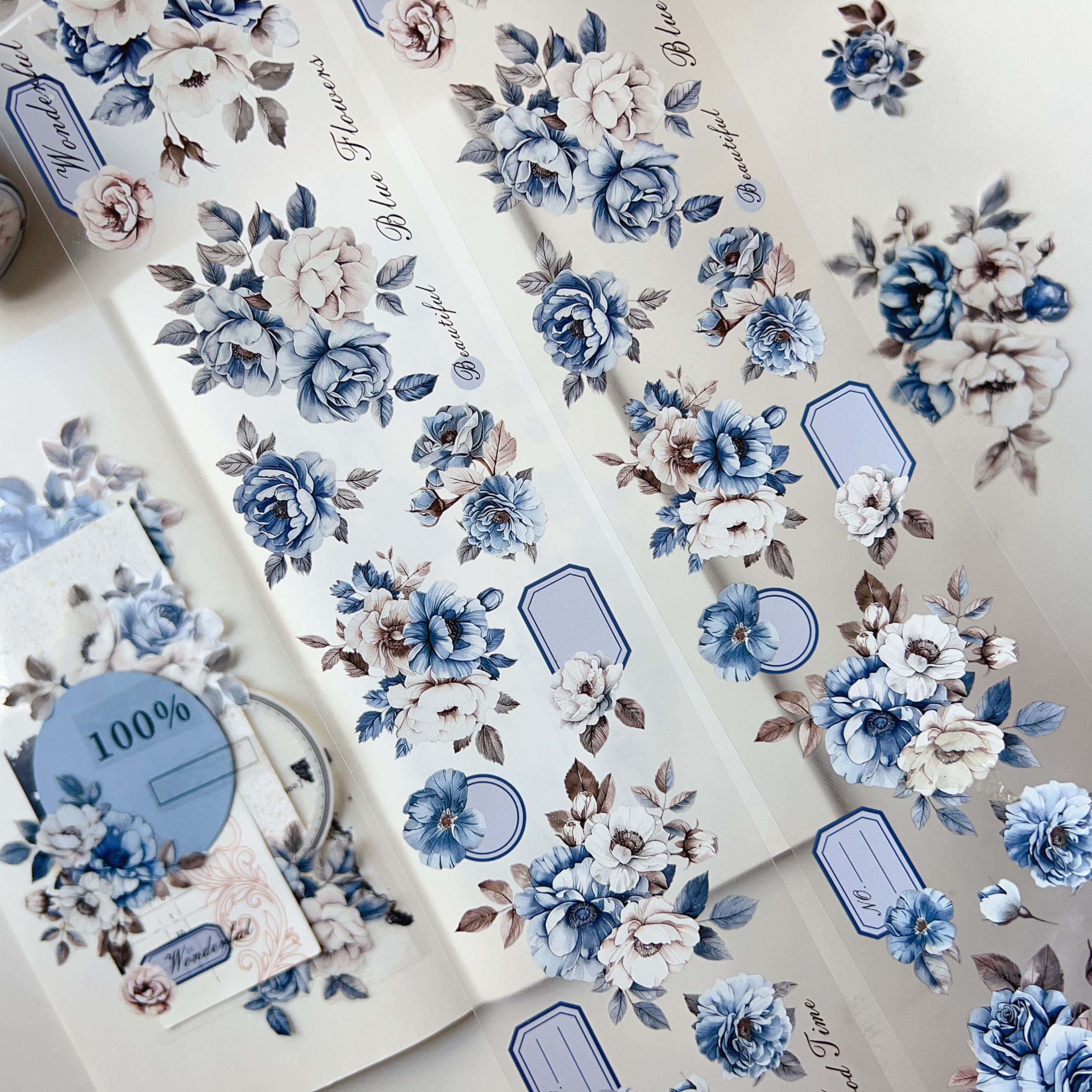 东西社文创〖巷午玫瑰〗PET透明手帐贴纸胶带 轻复古淡雅蓝白花朵
