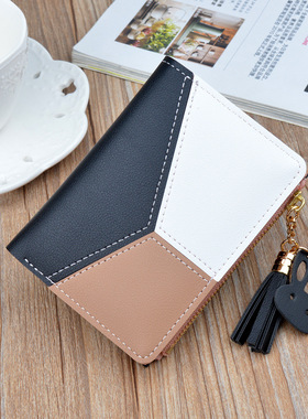 Supr Ficial时尚拼接撞色钱包女短款拉链零钱包流苏挂件便携小包