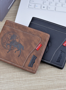 SuprFicial男士钱包复古短款拉链夹PU皮印花多功能卡包新款