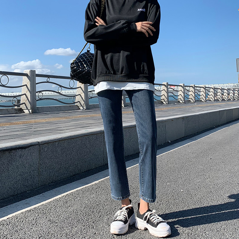 高腰牛仔裤女直筒八分小个子2026年春秋新款宽松显瘦九分烟管裤子