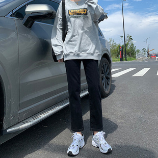 烟管牛仔裤 2023年新款 黑色高腰宽松显瘦直筒裤 子 女九分小个子秋季