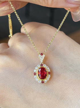 轻奢气质鸽子蛋玫红宝石戒指感红刚玉绝地武士吊坠项链套装女