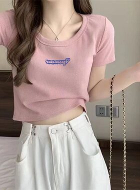 冰丝螺纹短袖T恤女上衣短款高腰藕粉字母印花女洋气小衫万人迷T恤
