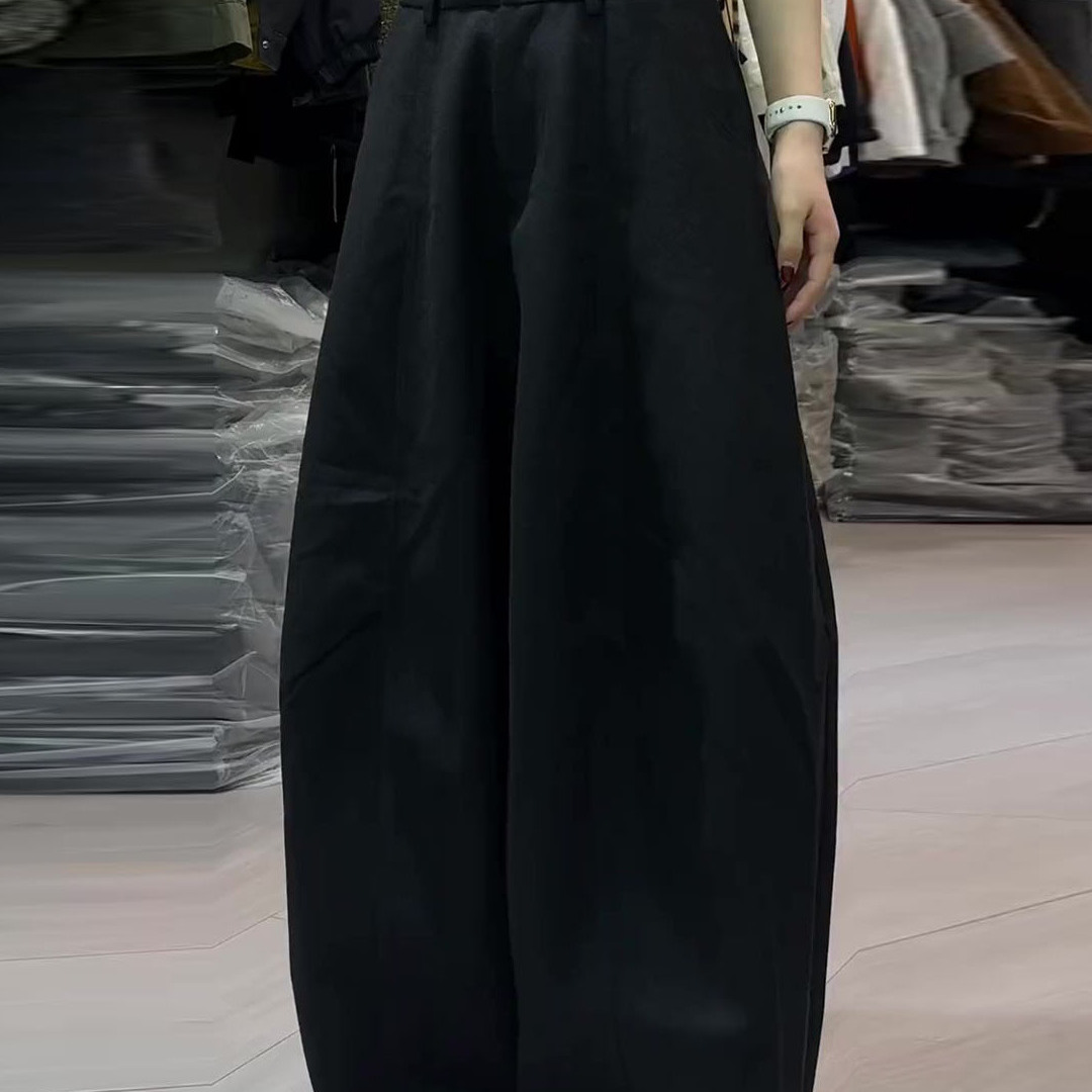 黑色阔腿弯刀裤女高腰宽