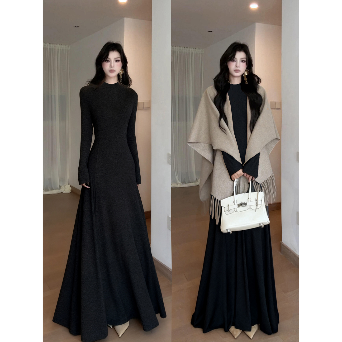 黑色针织连衣裙女秋冬季内搭加绒长裙子修身包臀长袖小黑裙长款