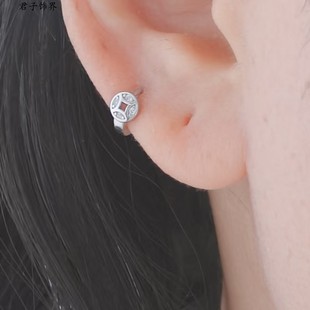 S925纯银前途似锦钱币招财镶钻耳骨耳扣小众设计民族风耳环小耳圈