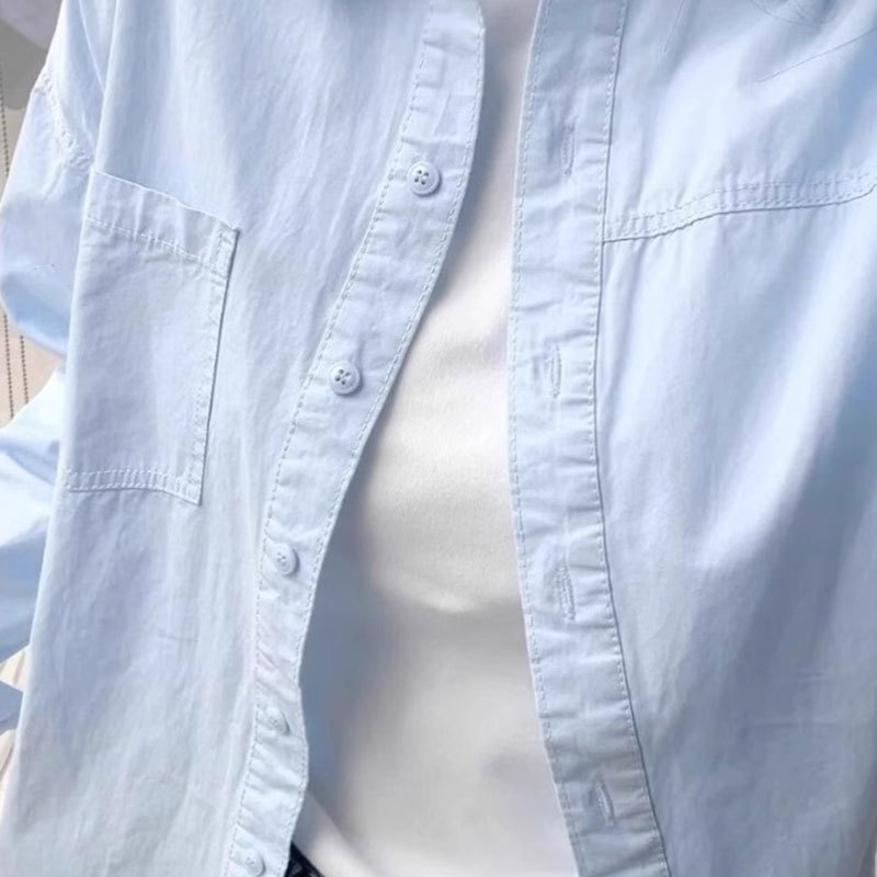 2025新款春秋显白浅蓝色纯棉衬衫女薄款上衣长袖宽松显瘦百搭衬衣