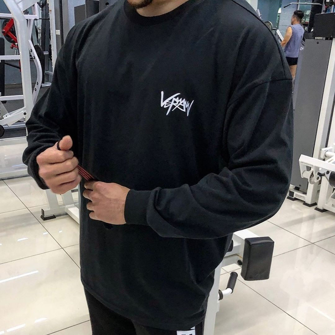 肌肉潮牌宽松兄弟健身服装长袖圆领T恤休闲训练跑步T恤套头衫卫衣