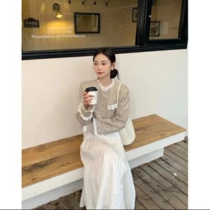 法式小香风名媛风设计感蕾丝拼接外套长袖开衫上衣女+半身裙套装
