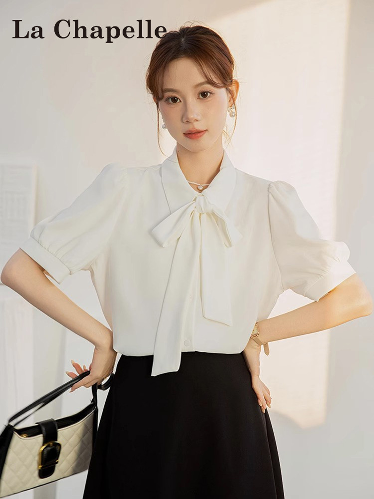 拉夏贝尔白色蝴蝶结短袖衬衫女夏季2026新款气质宽松职业正装衬衣