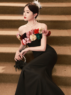 年会战袍party小礼服高端轻奢小众生日宴会敬酒服黑色抹胸连衣裙