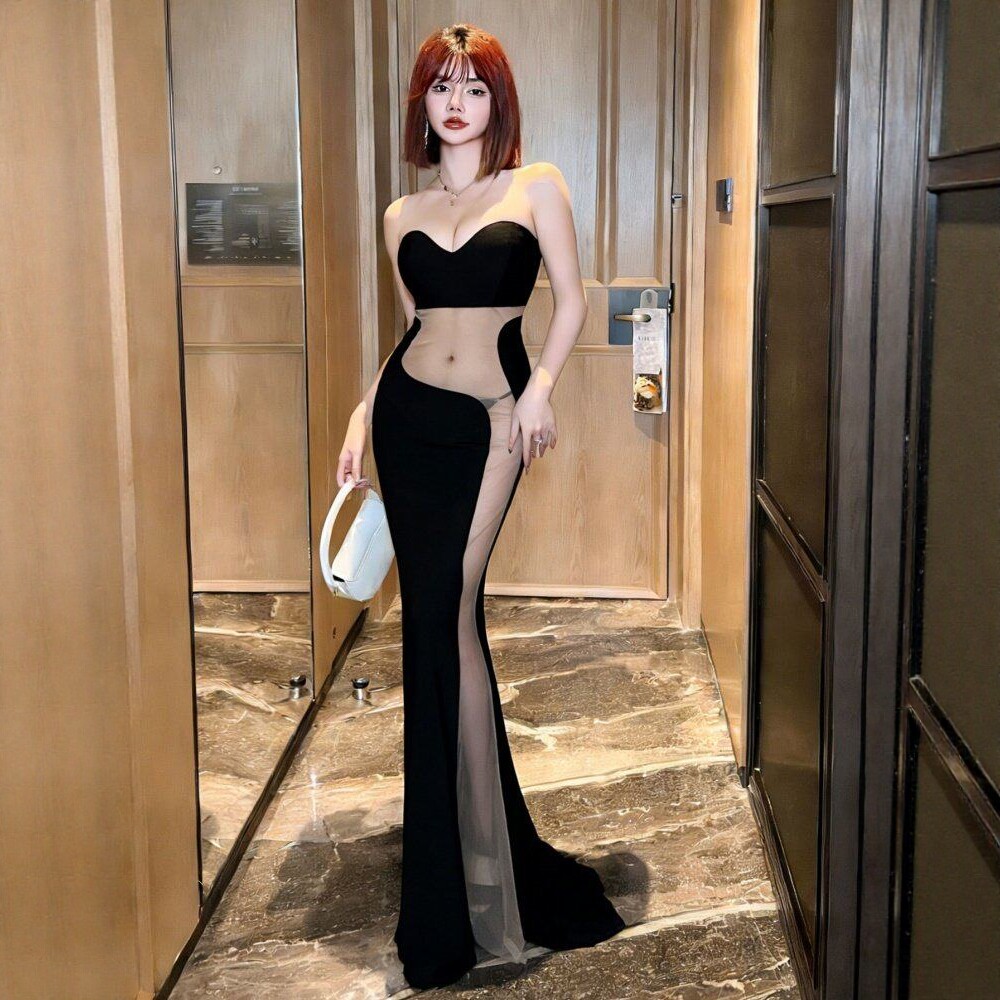 性感透视低胸夜总会礼服显瘦网纱夜场女装连衣裙KTV公主鱼尾长裙