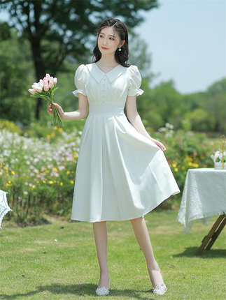 白色晚礼服裙女宴会气质主持人连衣裙领证登记小白裙法式平时可穿