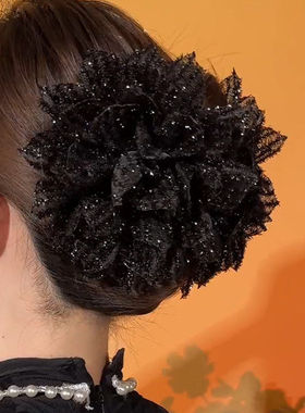 高级感黑色玫瑰花抓夹欧根纱花朵发夹后脑勺盘发发抓显发量多发饰