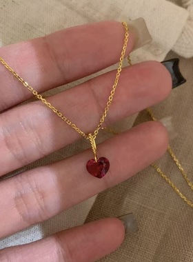 S925纯银红色爱心吊坠项链轻奢高级感简约百搭锁骨链女