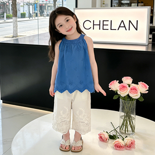 女童夏季无袖挂脖上衣阔腿裤两件套2026新款女孩洋气时髦休闲套装