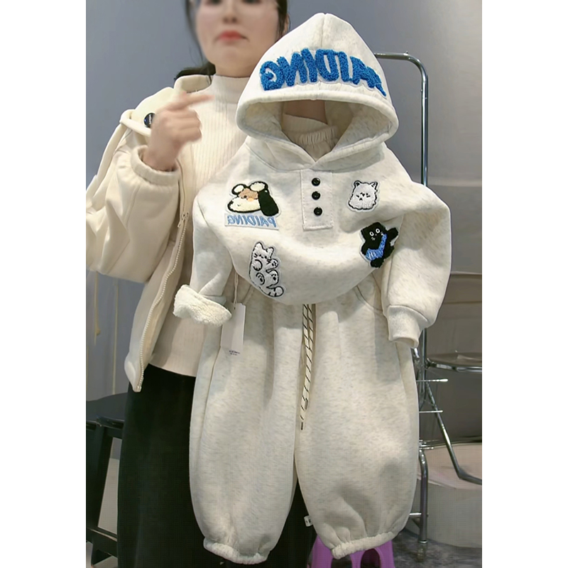 女童冬季加绒加厚保暖连帽卫衣套装2025新款女孩运动休闲两件套装