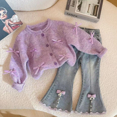 套装 女孩时髦牛仔喇叭裤 春秋季 儿童毛衣秋装 2026新款 女童针织开衫