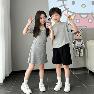 女童甜美舒适连衣裙2026新款女孩夏季蝴蝶结中长裙灰色高级感裙子