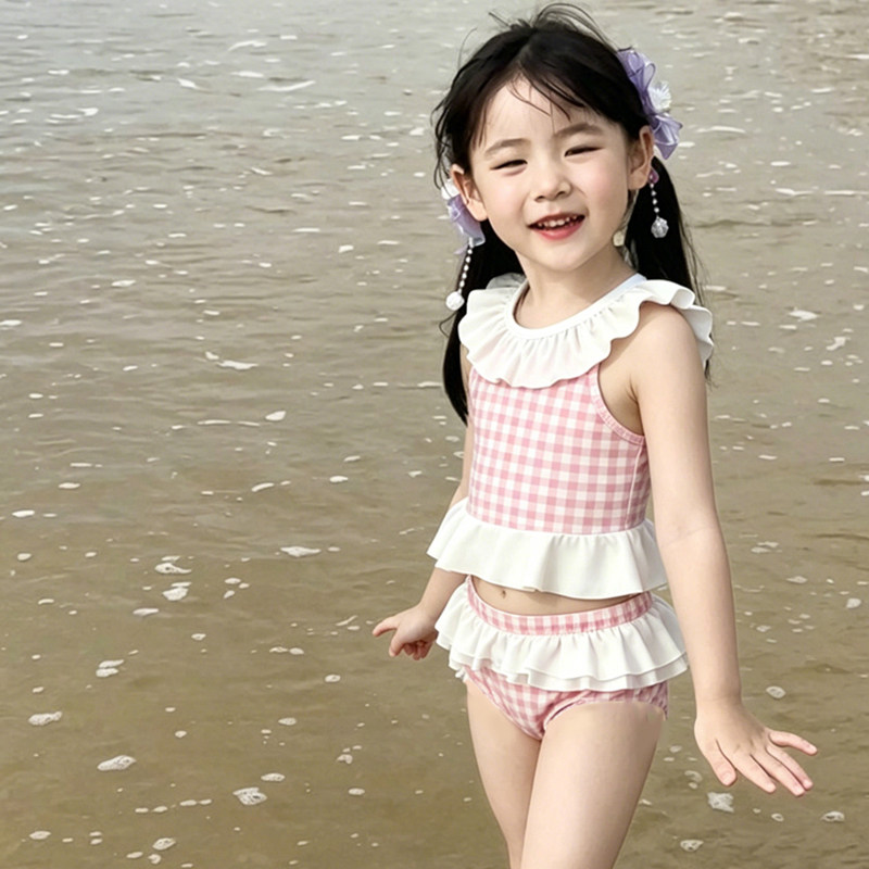 夏季新款女童甜美格子分体泳衣