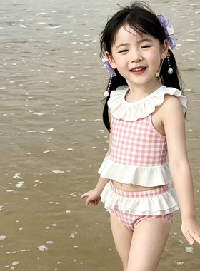 夏季新款女童甜美格子分体泳衣