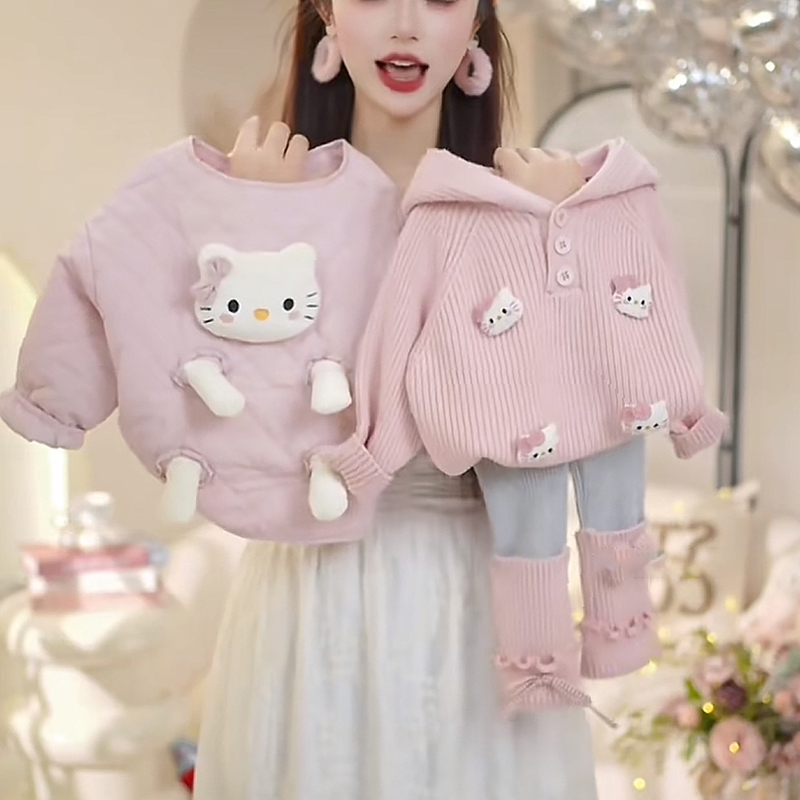 女童秋冬季套装2025新款小女孩可爱卡通棉衣连帽毛衣打底裤三件套