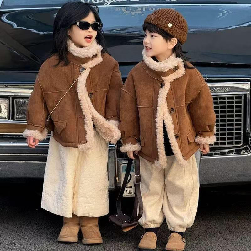 儿童皮毛一体立领休闲外套大衣2025秋冬新款女童复古羊羔绒外套潮