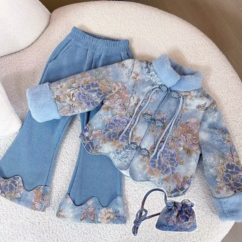 女童冬季加厚保暖中国风套装2025新款小女孩唐装上衣微喇裤两件套