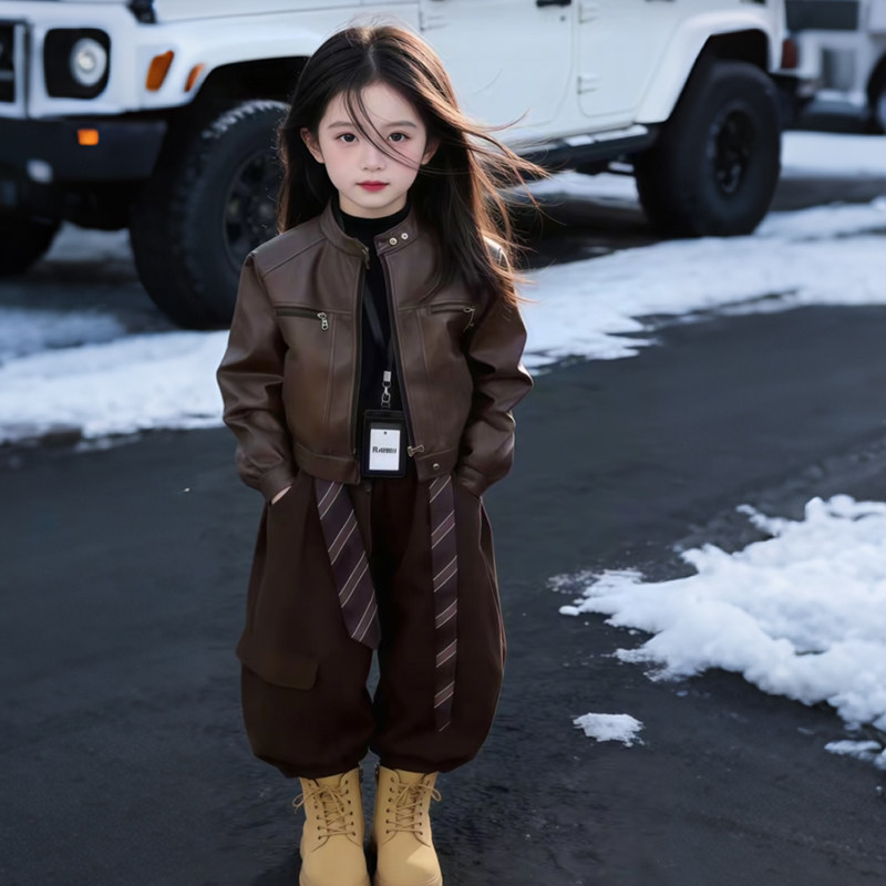 女童韩版复古机车皮衣2026新款女孩休闲百搭甜酷加厚保暖夹克外套