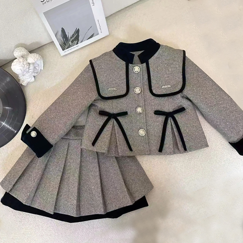 女童冬季毛呢外套百褶裙套装