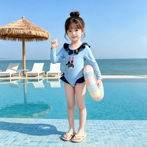 女童防晒长袖娃娃领连体泳衣