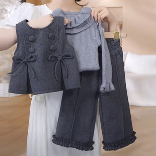 女童秋冬套装2025新款洋气女孩马甲针织打底阔腿裤小童休闲三件套