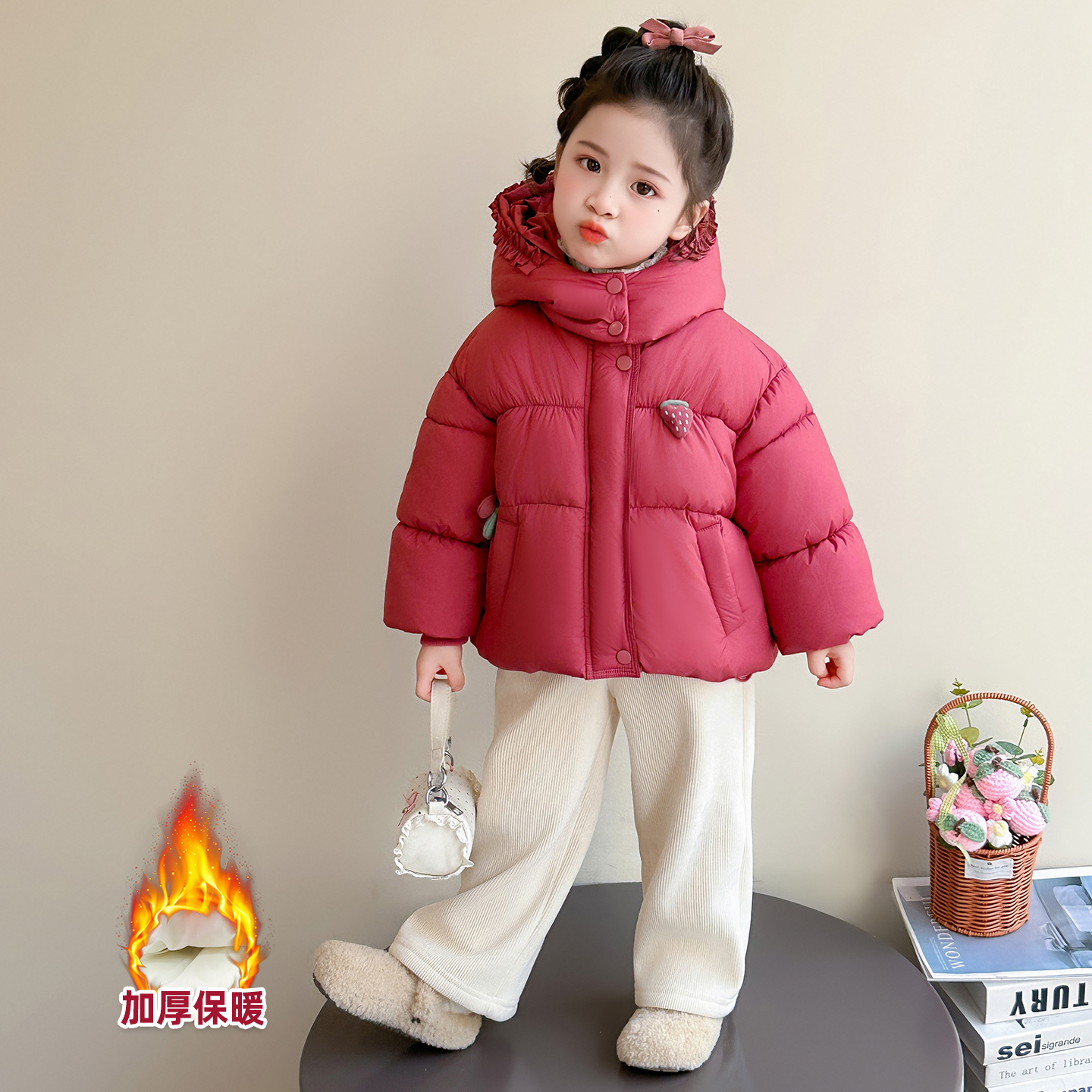 女童冬季加厚保暖连帽棉服外套