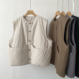 厚夹棉马甲外套坎肩棉服 新款 日系复古宽松马夹外穿上衣女款 秋冬季