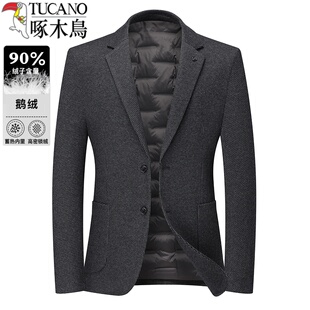 啄木鸟轻薄羽绒服男款西装领商务休闲西服中年爸爸冬装羊毛外套潮