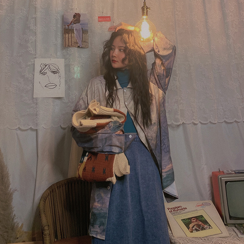 Light Blue复古中长款宽松衬衫上衣女2020秋季新款渐变色长袖衬衣