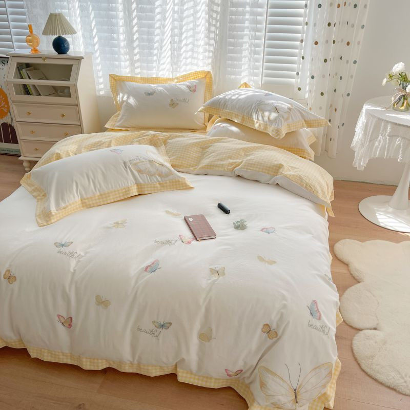 全棉色织水洗棉四件套刺绣小清新纯棉被套床单公主床上用品送抱枕