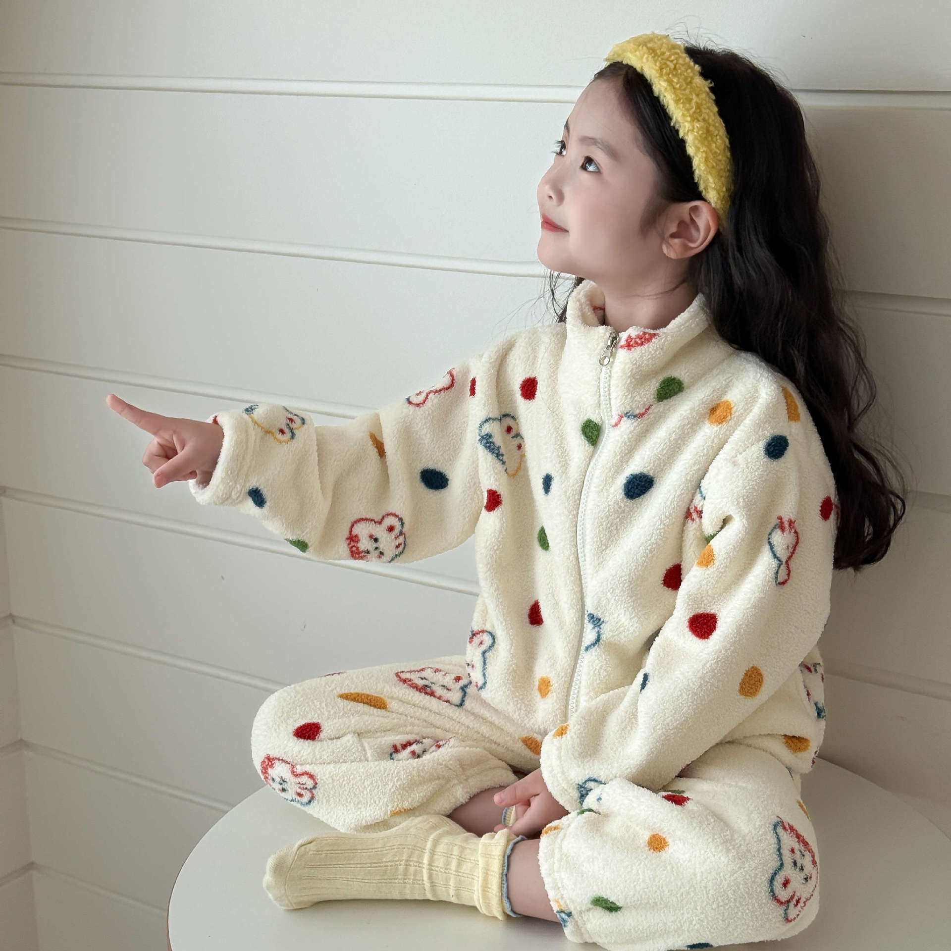 女童睡衣秋冬新款a类儿童家居服套装韩国女孩宝宝加绒衣服-MLR006