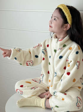 女童睡衣秋冬新款a类儿童家居服套装韩国女孩宝宝加绒衣服-MLR006