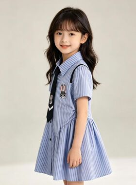 夏季女童条纹学院风连衣裙新款儿童卡通刺绣衬衫裙-MZC103