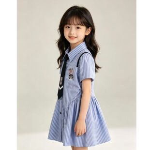 夏季女童条纹学院风连衣裙新款儿童卡通刺绣衬衫裙-MZC103