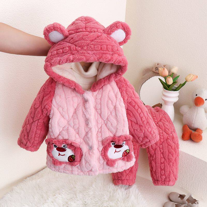 婴儿三层夹棉冬季分体睡衣0一1岁女宝宝男孩3加绒加厚5法兰绒套装