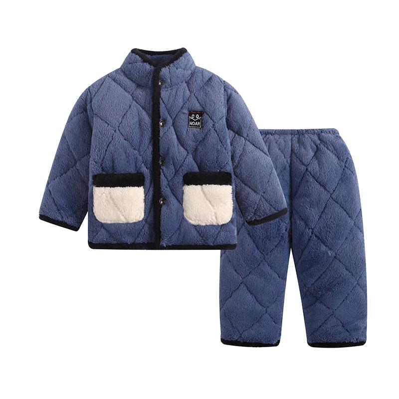 儿童加绒加厚高领冬季睡衣1一2岁男宝宝3三层夹棉5分体套装法兰绒